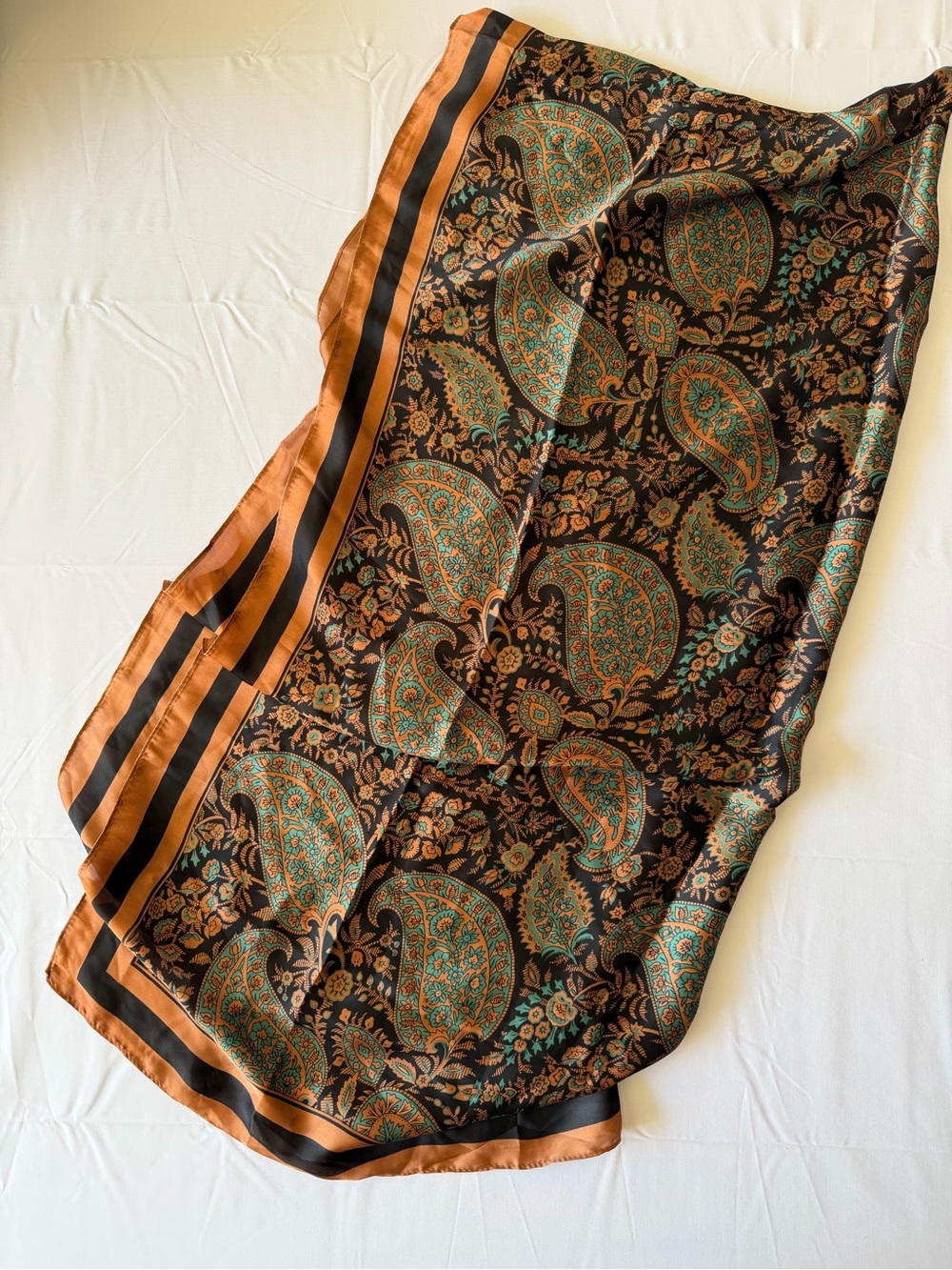 Swarovski Paisley Silk Scarf in Black, Teal & Copper